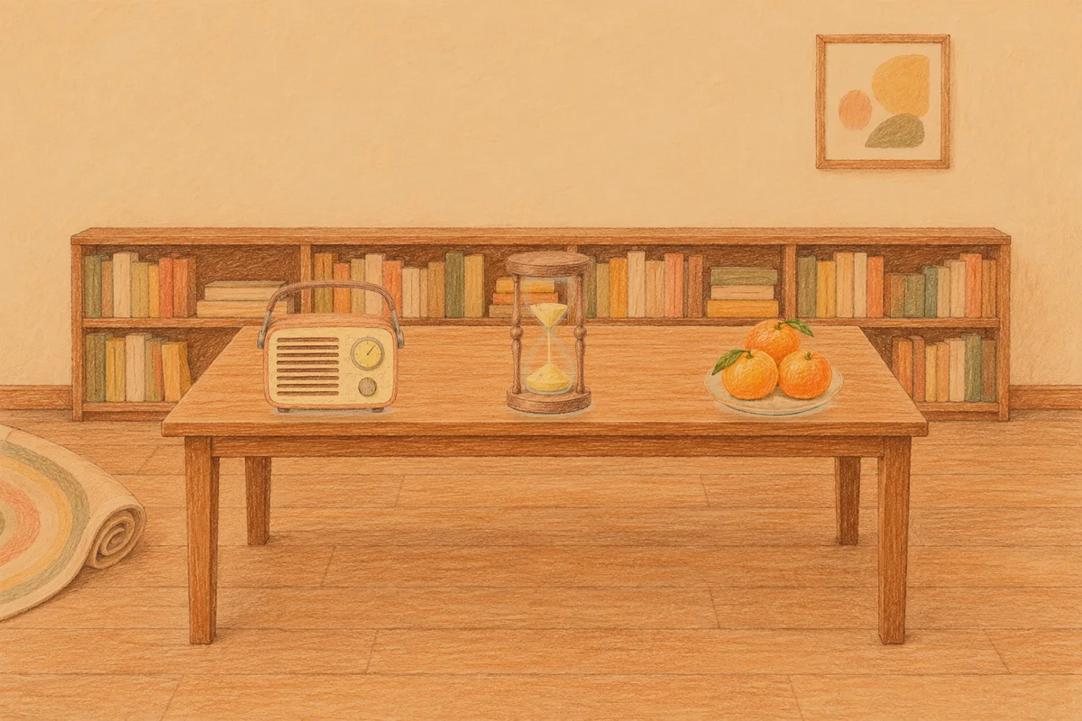수지 여성전용 스웨디시 홈케어 안내 그림, 저녁의 서재 긴 책상 위에 놓인 작은 라디오, 모래시계, 귤이 담긴 접시