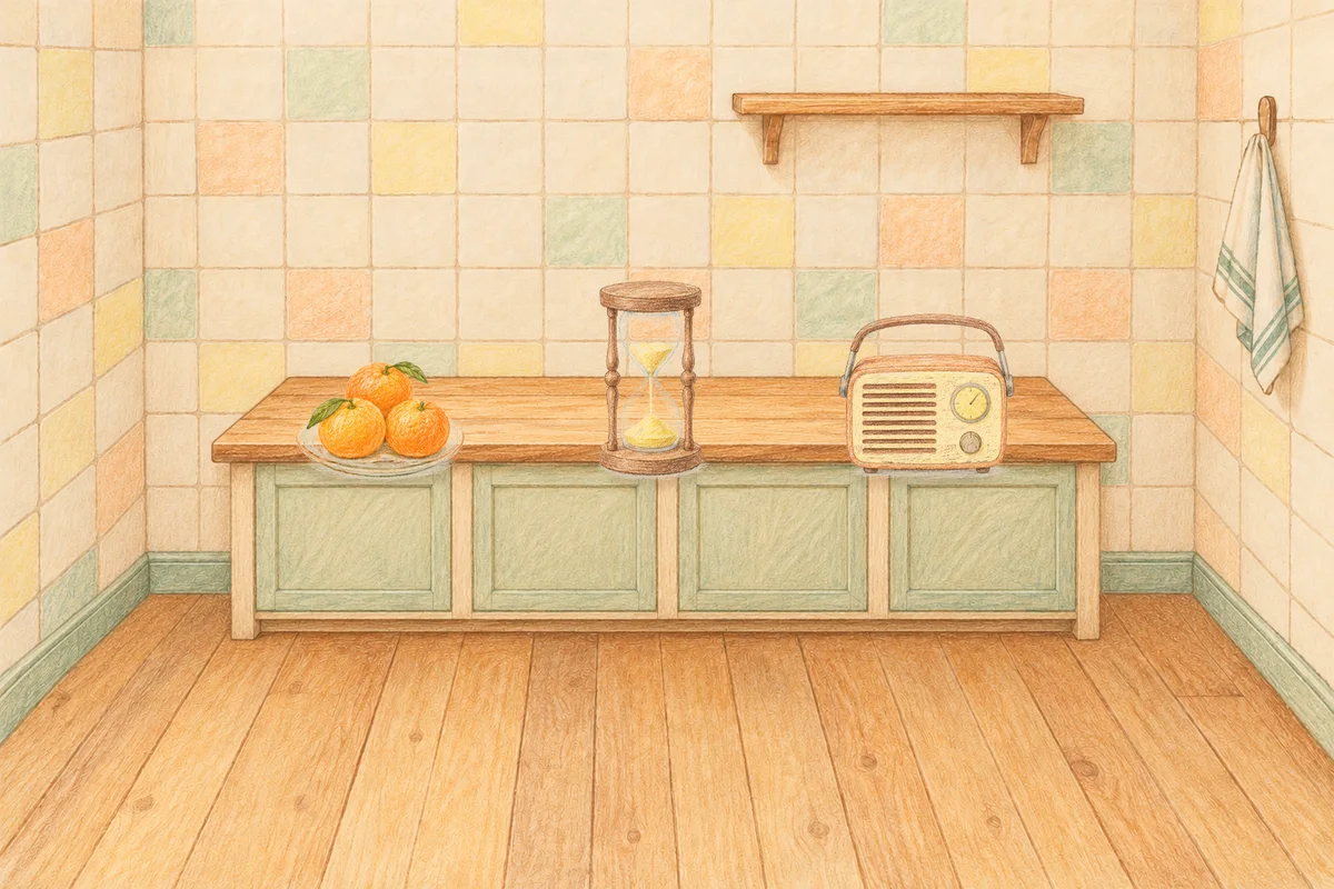 수지 여성전용 라벤더 아로마 안내 그림, 낮의 부엌 나무 조리대 위에 놓인 귤이 담긴 접시, 모래시계, 작은 라디오