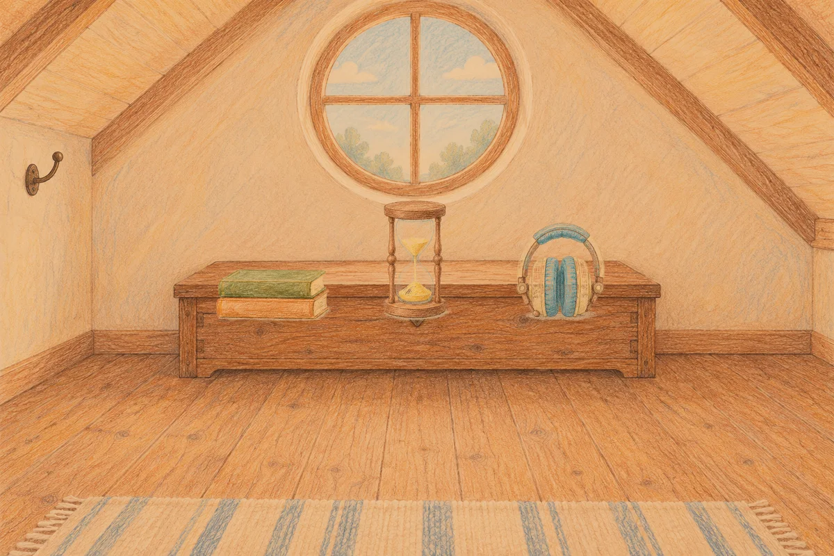 수지 여성전용 아로마 마사지 후기 안내 그림, 저녁의 다락방 나무 궤짝 위에 놓인 책 두 권, 모래시계, 헤드폰