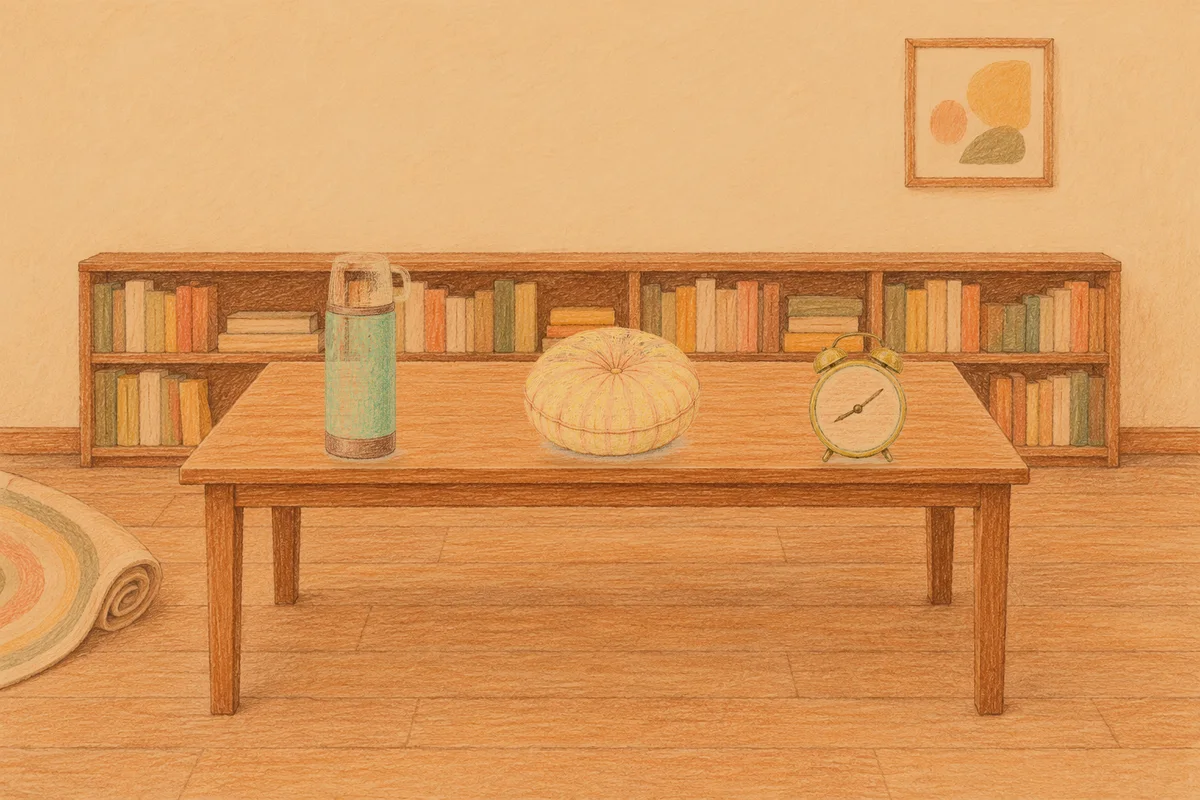 수지 여성전용 아로마 가격 안내 그림, 저녁의 서재 긴 책상 위에 놓인 보온병, 둥근 쿠션, 둥근 알람시계