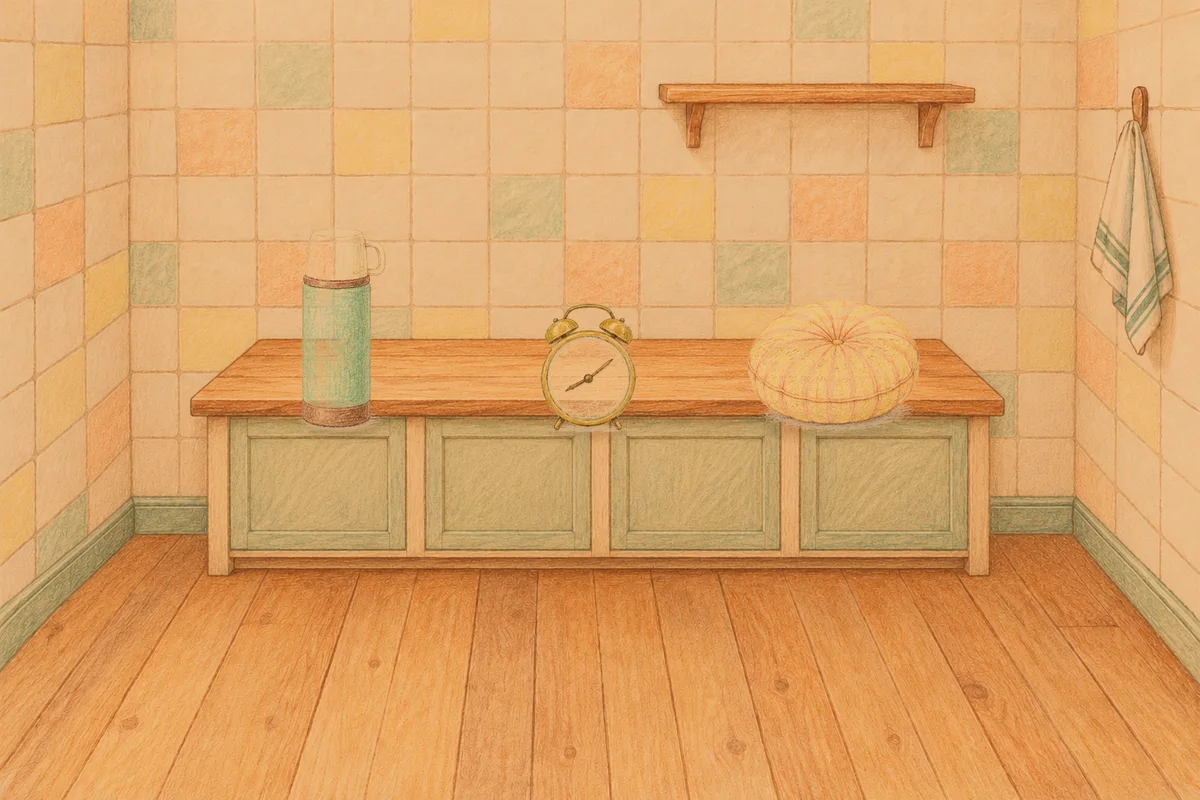 수지 여성전용 아로마 추천 안내 그림, 저녁의 부엌 나무 조리대 위에 놓인 보온병, 둥근 알람시계, 둥근 쿠션
