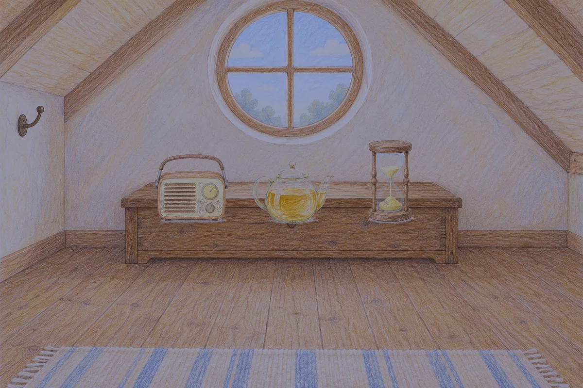 수지 여성전용 경락마사지 안내 그림, 밤의 다락방 나무 궤짝 위에 놓인 작은 라디오, 유리 티포트, 모래시계