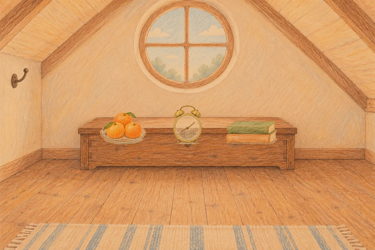 수지 여성전용 경락마사지 후기 안내 그림, 저녁의 다락방 나무 궤짝 위에 놓인 귤이 담긴 접시, 둥근 알람시계, 책 두 권
