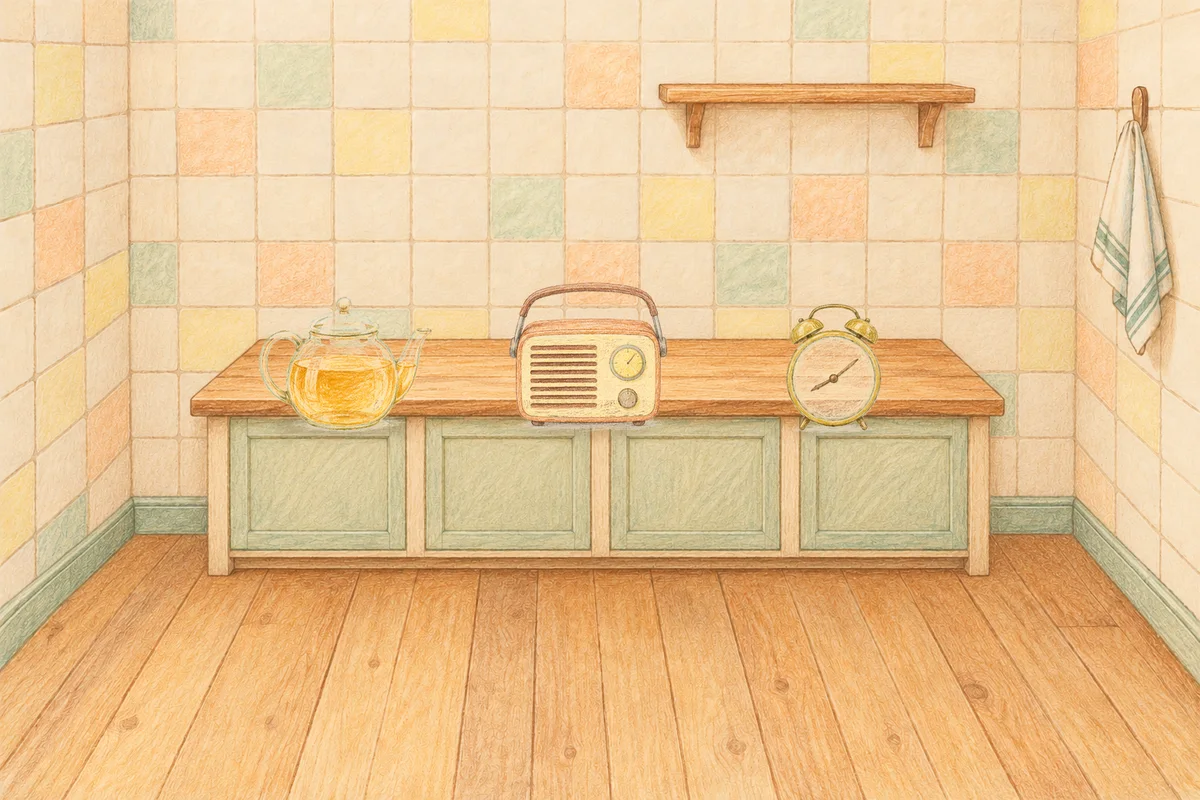 수지 여성전용 방문 홈케어 안내 그림, 낮의 부엌 나무 조리대 위에 놓인 유리 티포트, 작은 라디오, 둥근 알람시계