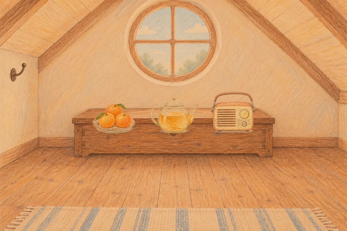 수지 여성전용 프라이빗 케어 안내 그림, 저녁의 다락방 나무 궤짝 위에 놓인 귤이 담긴 접시, 유리 티포트, 작은 라디오