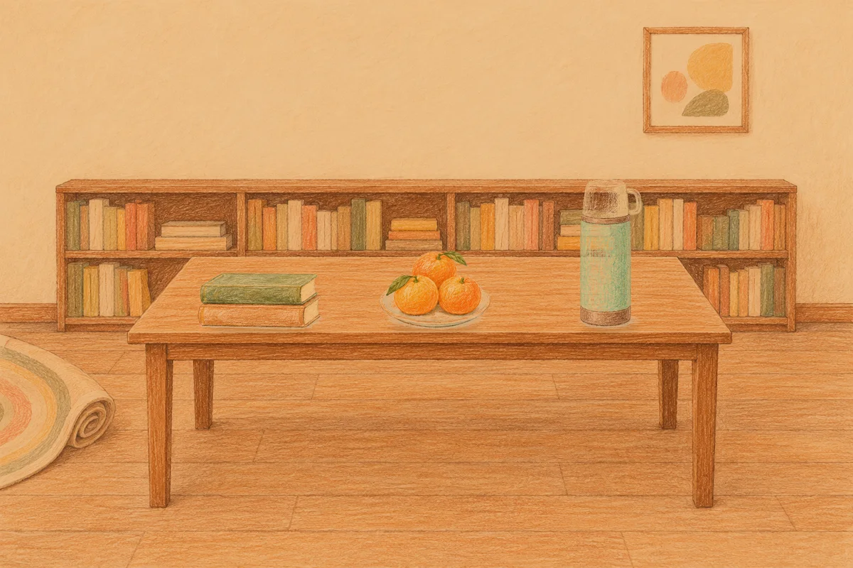 수지 여성전용 홈케어 후기 안내 그림, 저녁의 서재 긴 책상 위에 놓인 책 두 권, 귤이 담긴 접시, 보온병