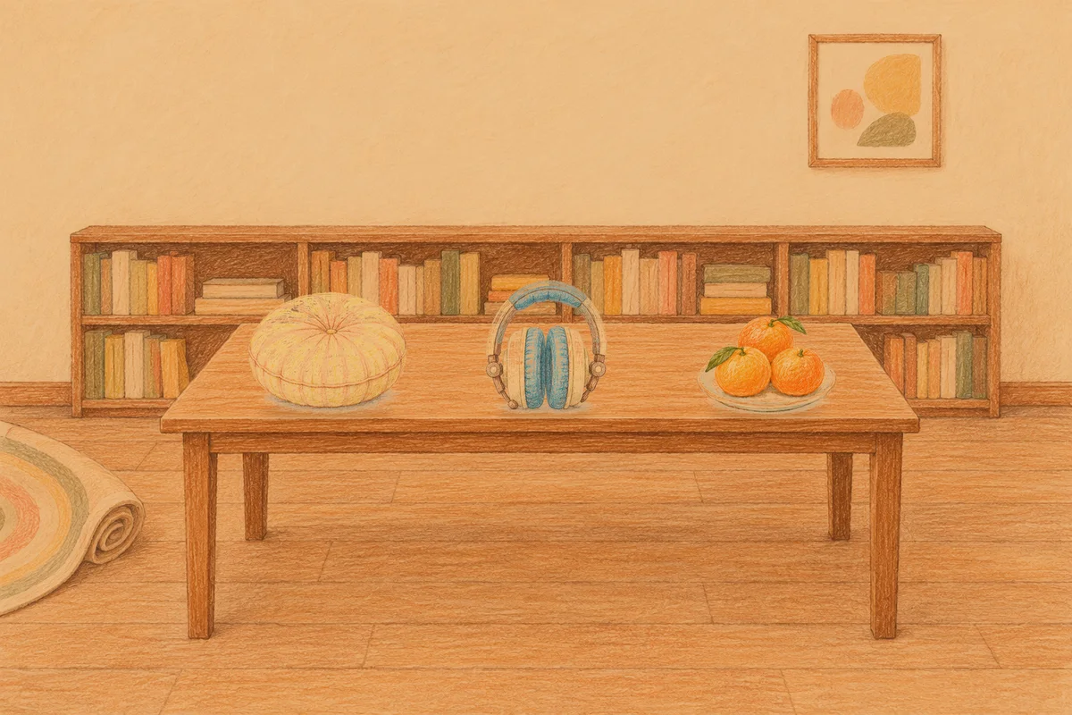 수지 여성전용 홈케어 추천 안내 그림, 저녁의 서재 긴 책상 위에 놓인 둥근 쿠션, 헤드폰, 귤이 담긴 접시