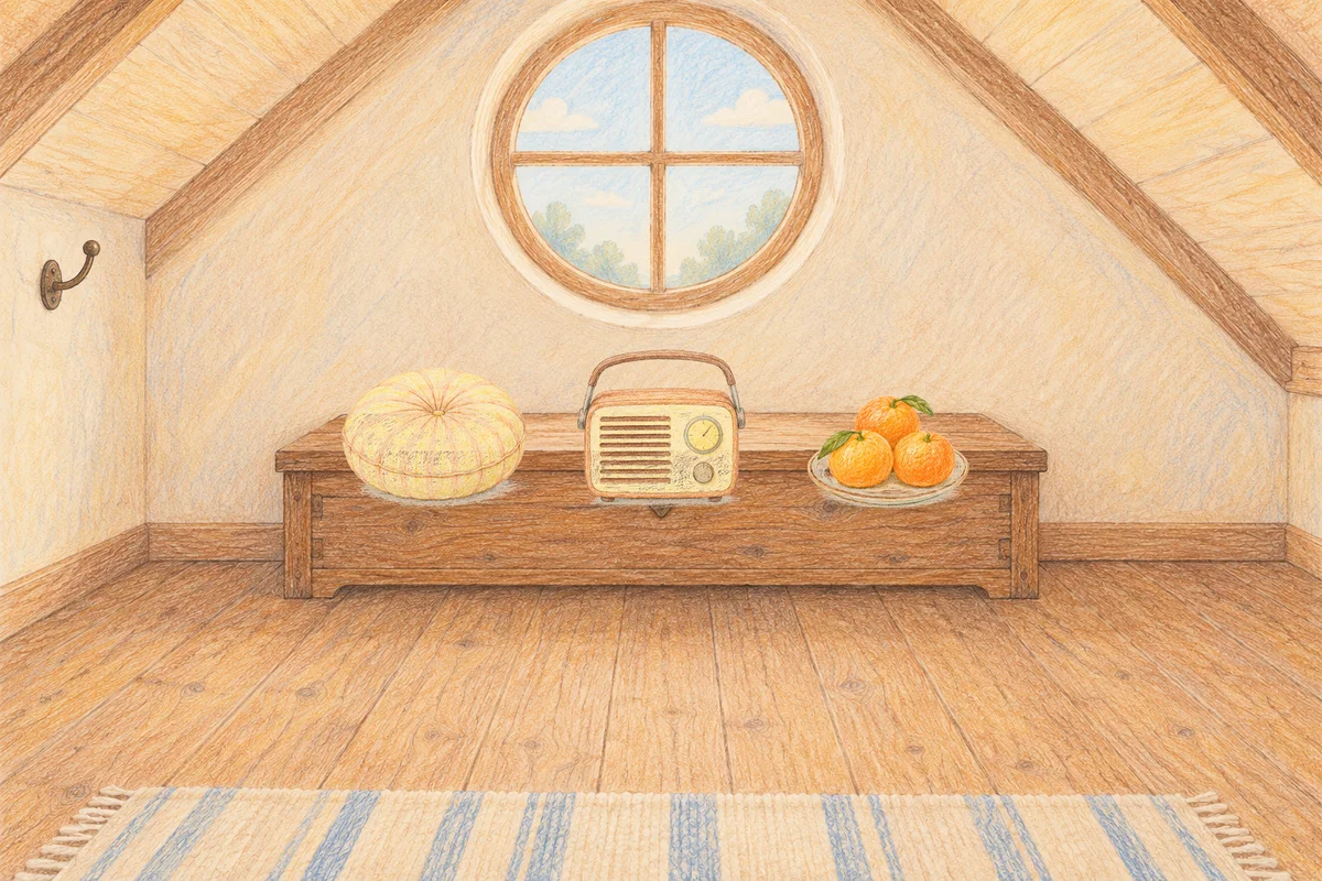 수지 여성전용 발관리 후기 안내 그림, 낮의 다락방 나무 궤짝 위에 놓인 둥근 쿠션, 작은 라디오, 귤이 담긴 접시
