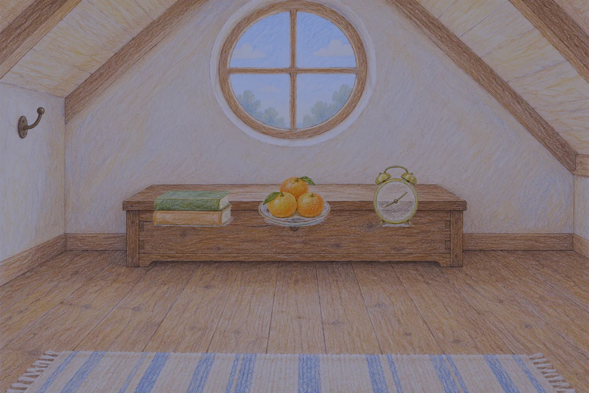 수지 여성전용 림프 마사지 안내 그림, 밤의 다락방 나무 궤짝 위에 놓인 책 두 권, 귤이 담긴 접시, 둥근 알람시계
