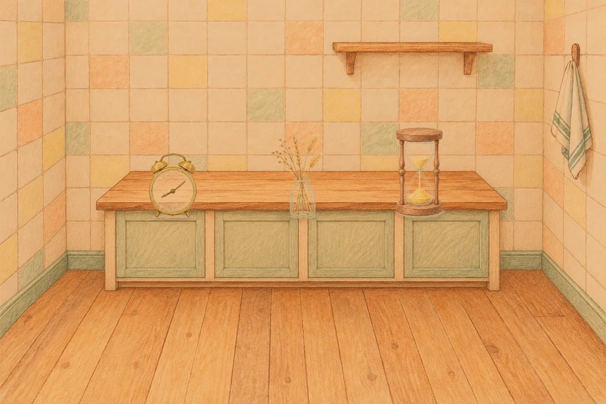 수지 여성전용 셀룰라이트 관리 안내 그림, 저녁의 부엌 나무 조리대 위에 놓인 둥근 알람시계, 마른 풀을 꽂은 항아리, 모래시계