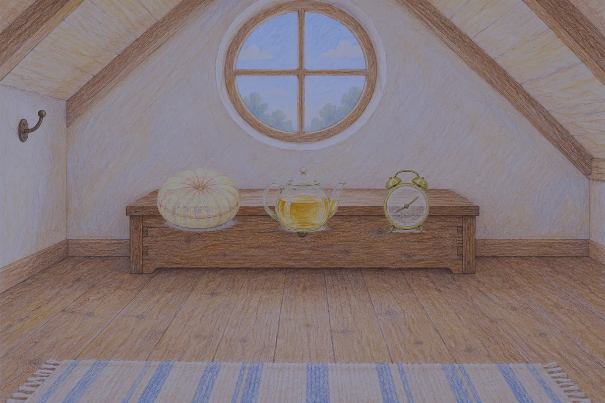 수지 여성전용 다이어트 마사지 안내 그림, 밤의 다락방 나무 궤짝 위에 놓인 둥근 쿠션, 유리 티포트, 둥근 알람시계