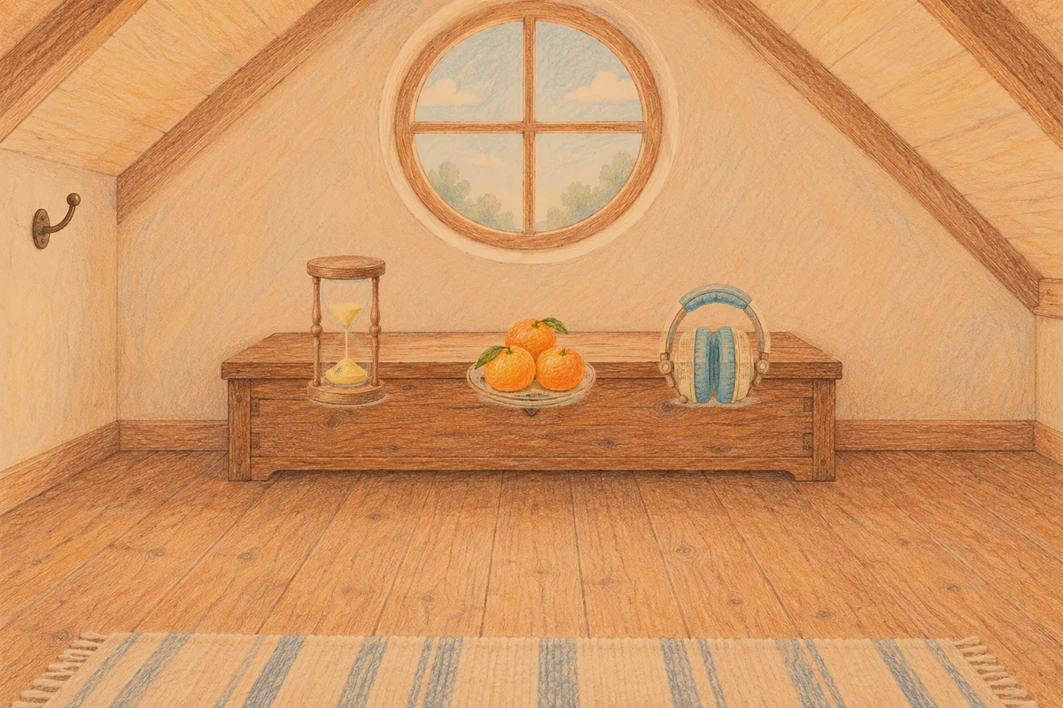 수지 여성전용 두피 케어 안내 그림, 저녁의 다락방 나무 궤짝 위에 놓인 모래시계, 귤이 담긴 접시, 헤드폰