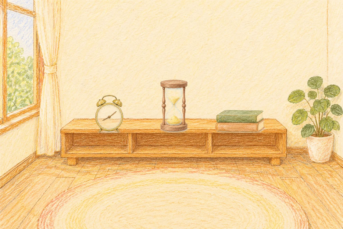 수지 여성전용 두통 완화 마사지 안내 그림, 낮의 창가 낮은 선반 위에 놓인 둥근 알람시계, 모래시계, 책 두 권