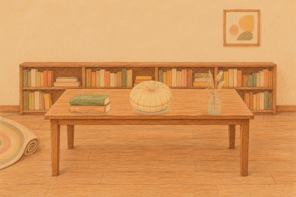 수지 여성전용 스트레스 케어 안내 그림, 저녁의 서재 긴 책상 위에 놓인 책 두 권, 둥근 쿠션, 마른 풀을 꽂은 항아리
