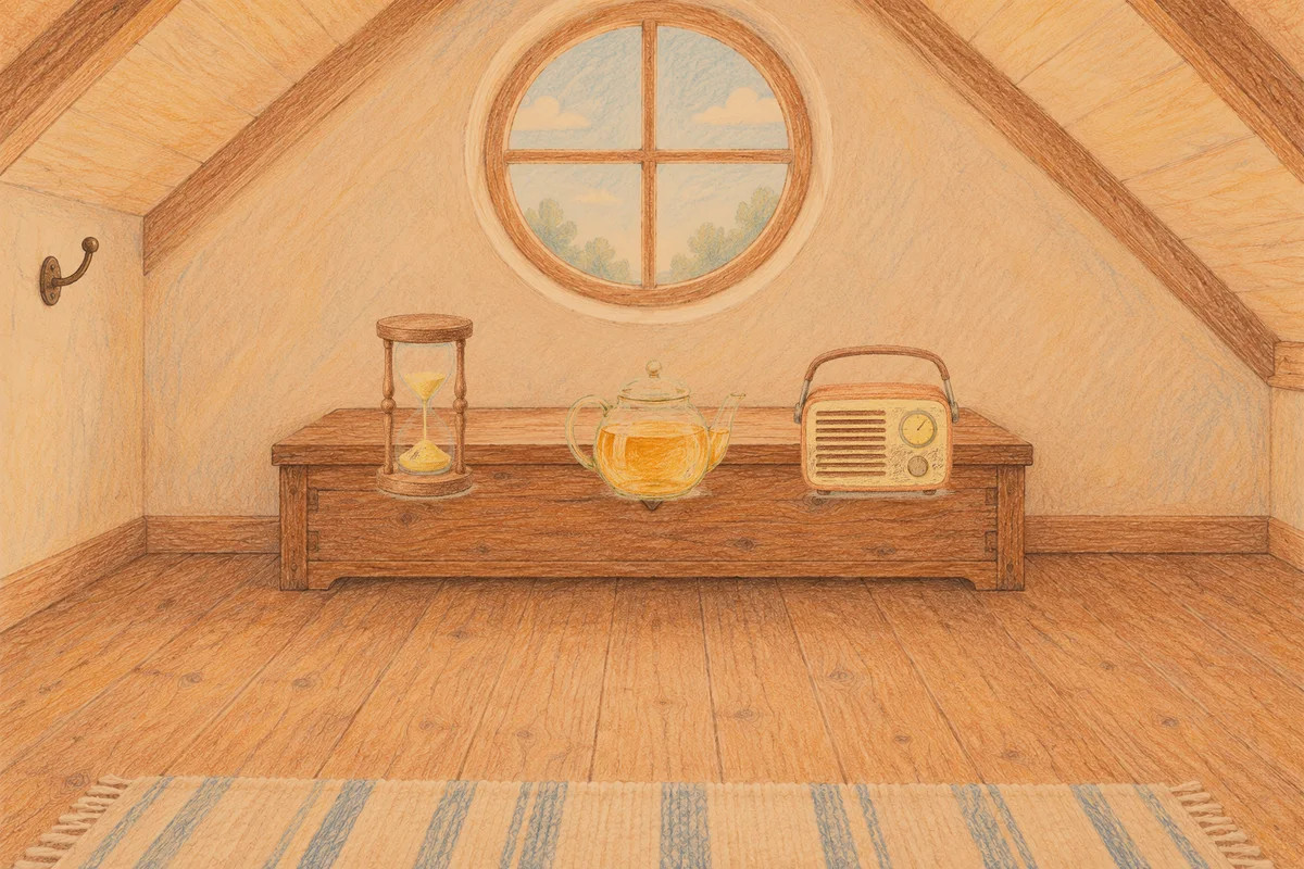 수지 여성전용 피로 회복 마사지 안내 그림, 저녁의 다락방 나무 궤짝 위에 놓인 모래시계, 유리 티포트, 작은 라디오