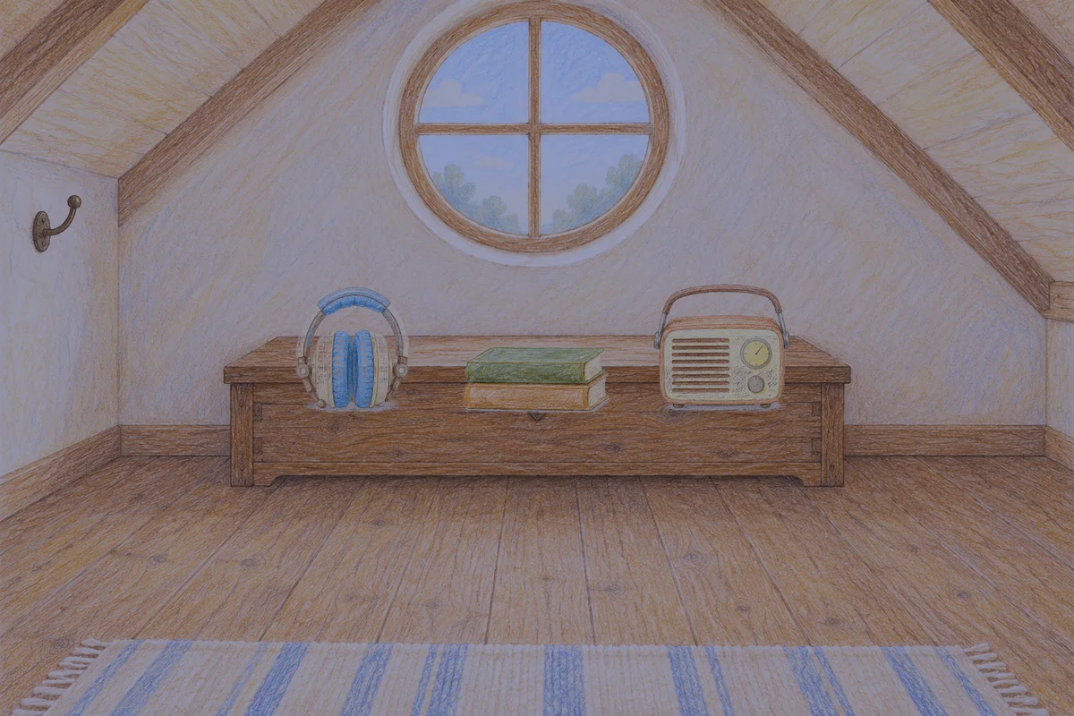 수지 여성전용 피부 관리 안내 그림, 밤의 다락방 나무 궤짝 위에 놓인 헤드폰, 책 두 권, 작은 라디오