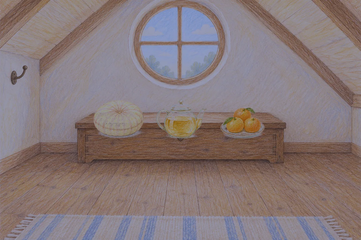 수지 여성전용 예약 마사지 안내 그림, 밤의 다락방 나무 궤짝 위에 놓인 둥근 쿠션, 유리 티포트, 귤이 담긴 접시