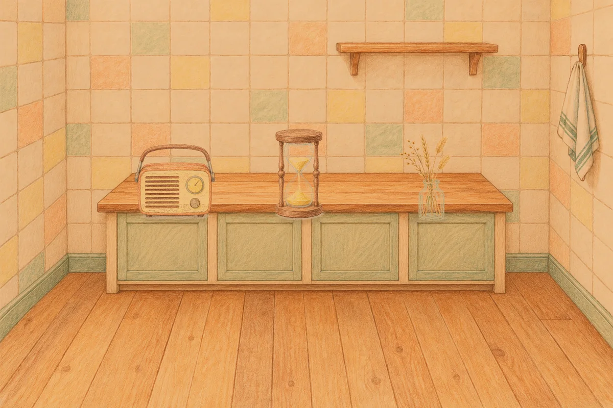수지 여성전용 가격 마사지 안내 그림, 저녁의 부엌 나무 조리대 위에 놓인 작은 라디오, 모래시계, 마른 풀을 꽂은 항아리