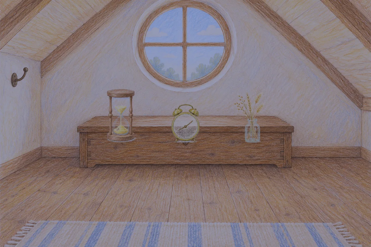 야탑 여성전용 아로마테라피 안내 그림, 밤의 다락방 나무 궤짝 위에 놓인 모래시계, 둥근 알람시계, 마른 풀을 꽂은 항아리