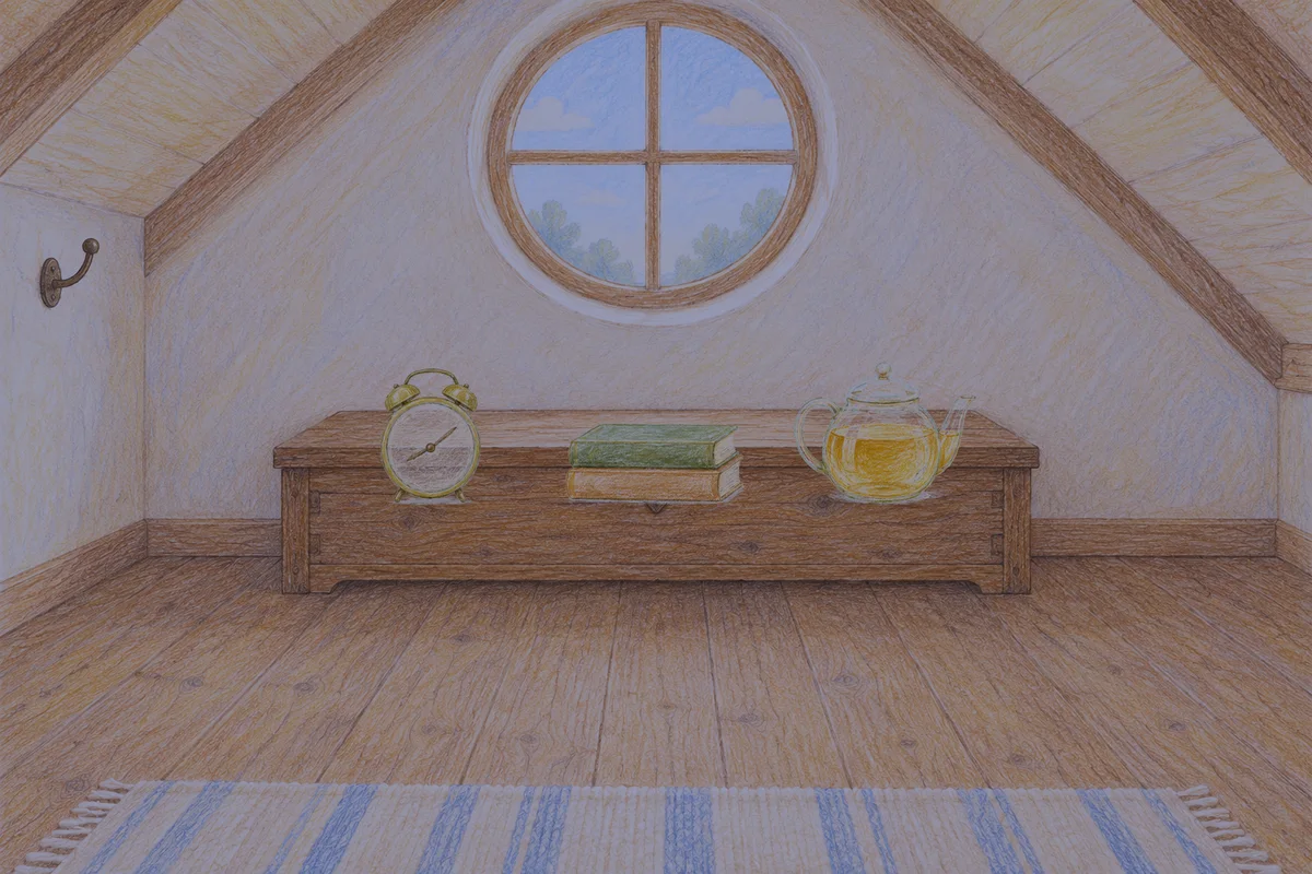 야탑 여성전용 라벤더 아로마 안내 그림, 밤의 다락방 나무 궤짝 위에 놓인 둥근 알람시계, 책 두 권, 유리 티포트