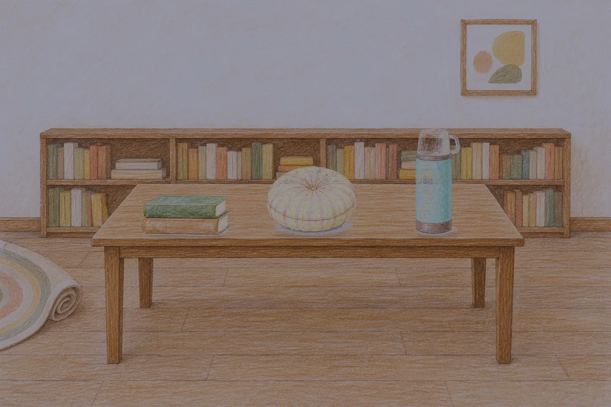 야탑 여성전용 스웨디시 추천 안내 그림, 밤의 서재 긴 책상 위에 놓인 책 두 권, 둥근 쿠션, 보온병