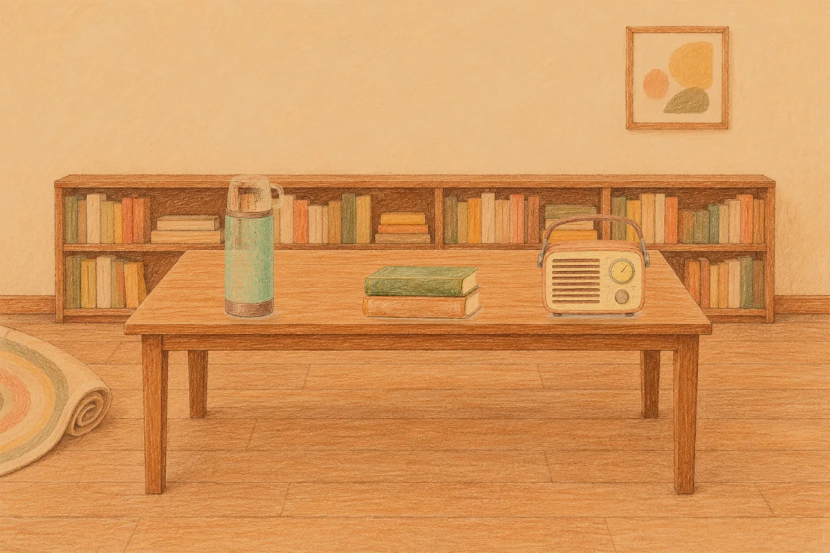 야탑 여성전용 아로마 추천 안내 그림, 저녁의 서재 긴 책상 위에 놓인 보온병, 책 두 권, 작은 라디오