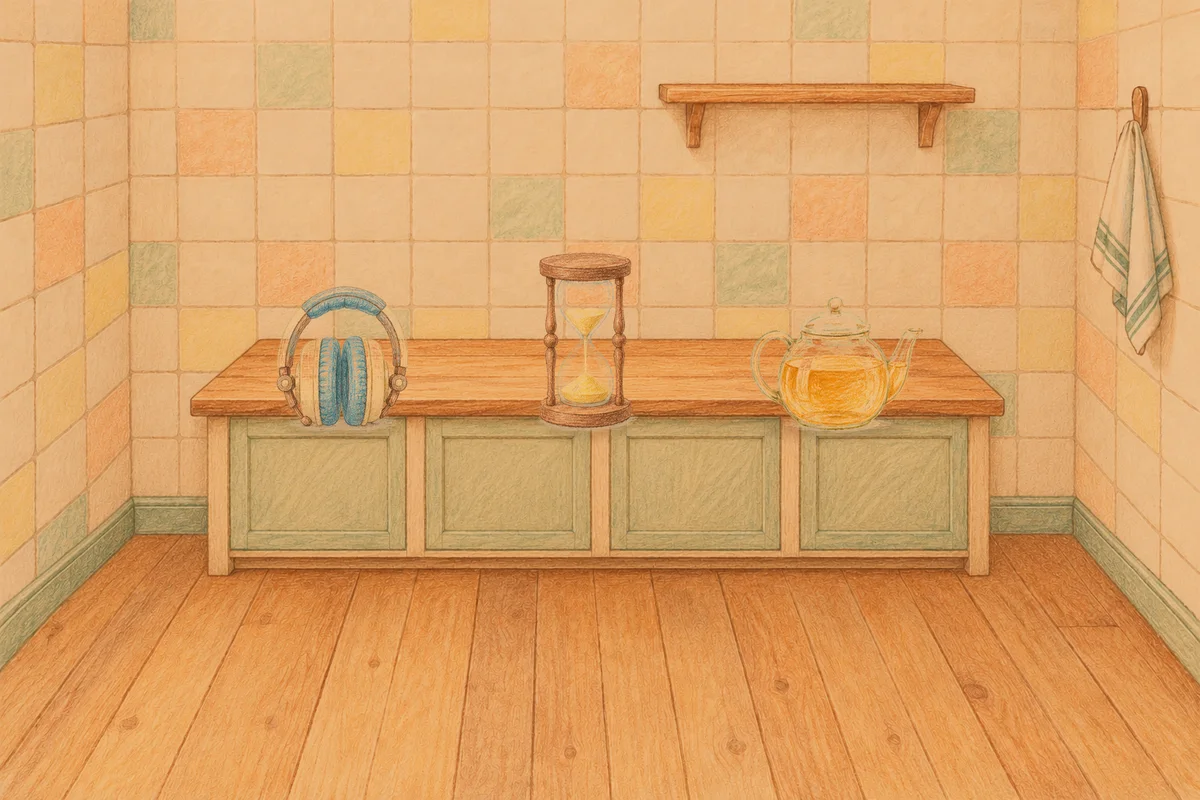 야탑 여성전용 경락마사지 안내 그림, 저녁의 부엌 나무 조리대 위에 놓인 헤드폰, 모래시계, 유리 티포트