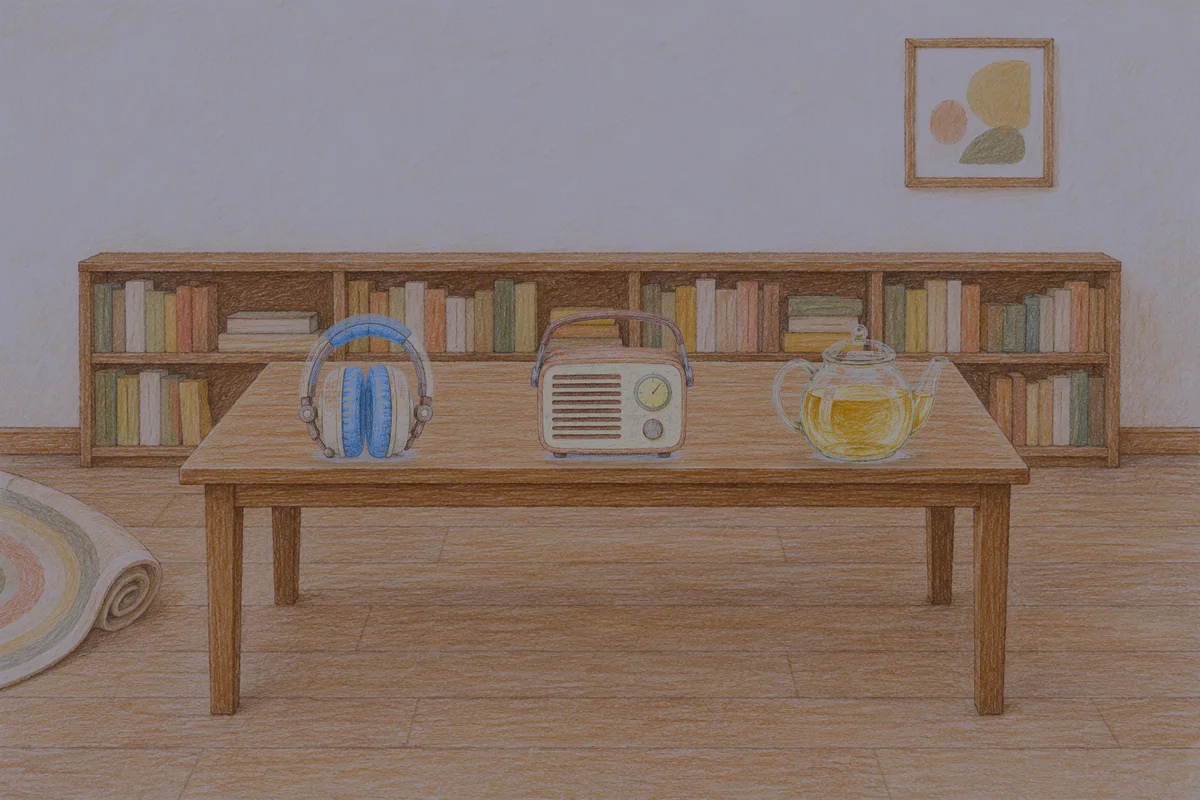 야탑 여성전용 얼굴 경락 안내 그림, 밤의 서재 긴 책상 위에 놓인 헤드폰, 작은 라디오, 유리 티포트