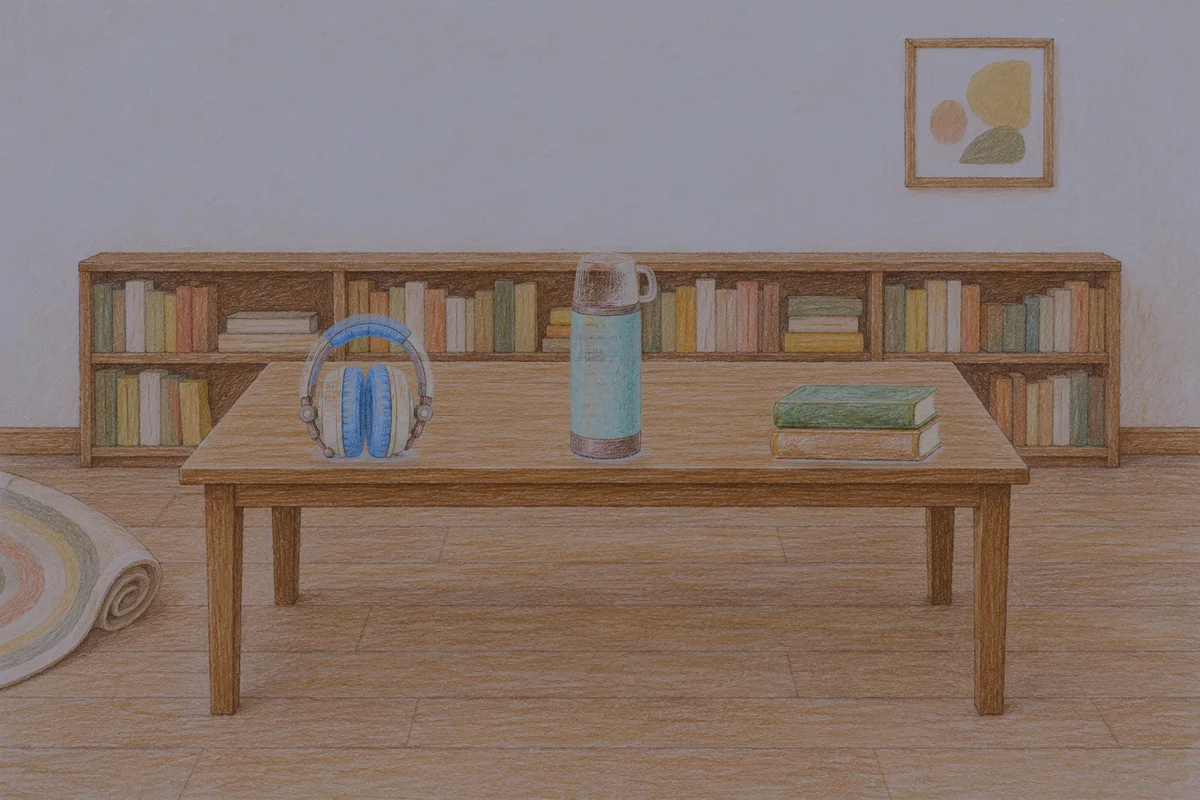 야탑 여성전용 경락마사지 후기 안내 그림, 밤의 서재 긴 책상 위에 놓인 헤드폰, 보온병, 책 두 권