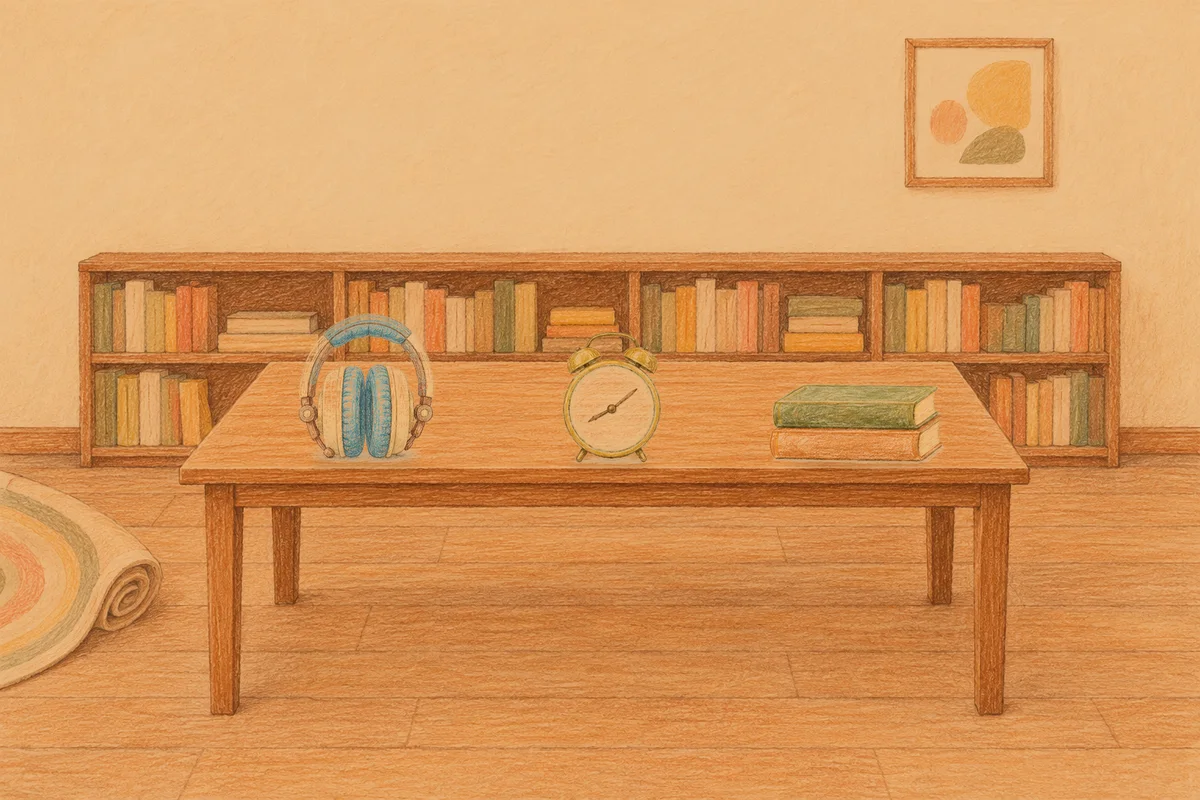 야탑 여성전용 경락 추천 안내 그림, 저녁의 서재 긴 책상 위에 놓인 헤드폰, 둥근 알람시계, 책 두 권