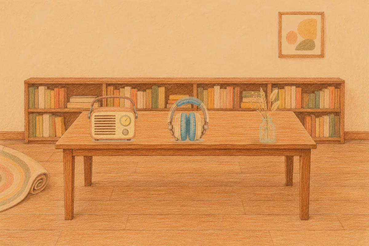 야탑 여성전용 홈케어 안내 그림, 저녁의 서재 긴 책상 위에 놓인 작은 라디오, 헤드폰, 마른 풀을 꽂은 항아리