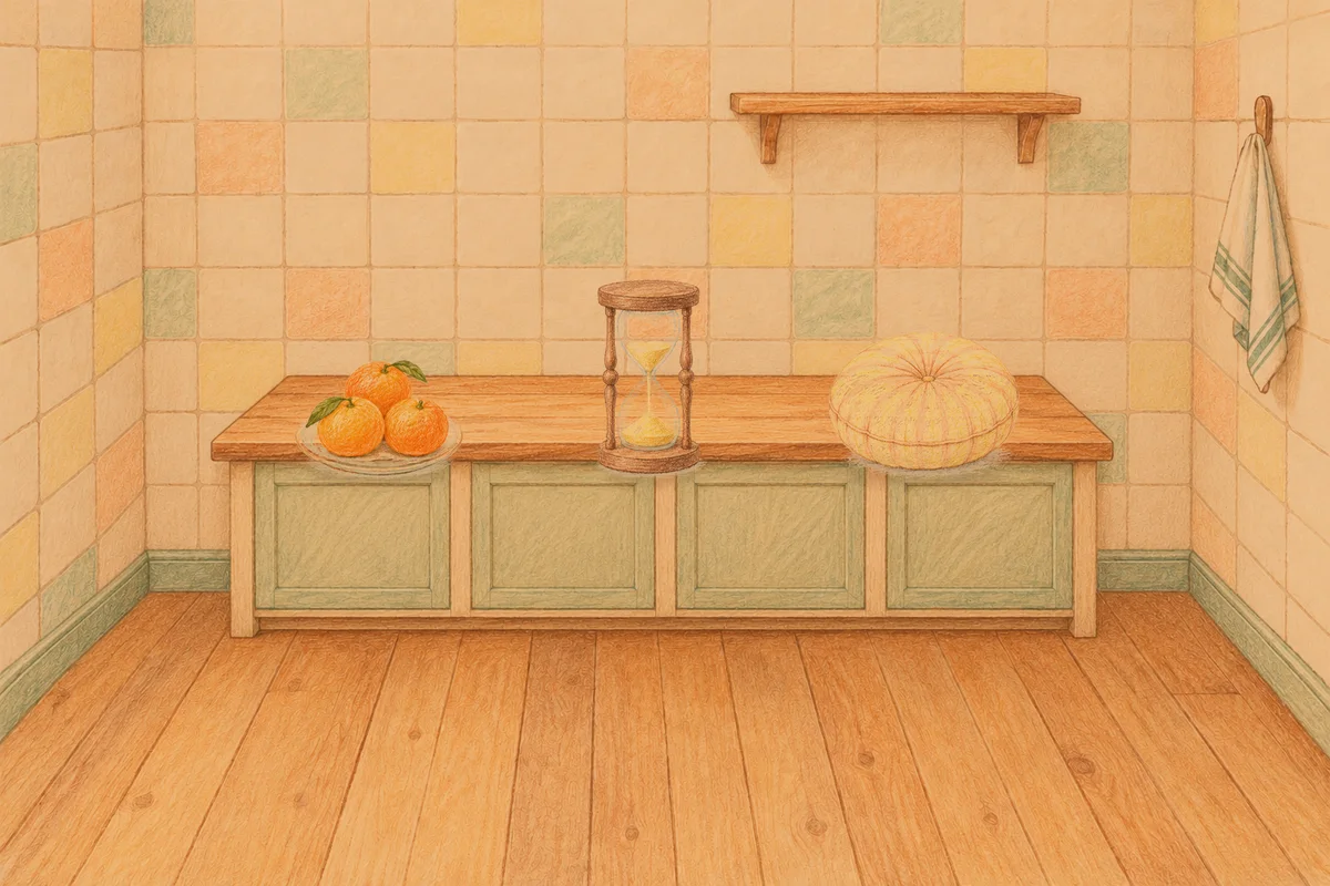 야탑 여성전용 방문 마사지 안내 그림, 저녁의 부엌 나무 조리대 위에 놓인 귤이 담긴 접시, 모래시계, 둥근 쿠션