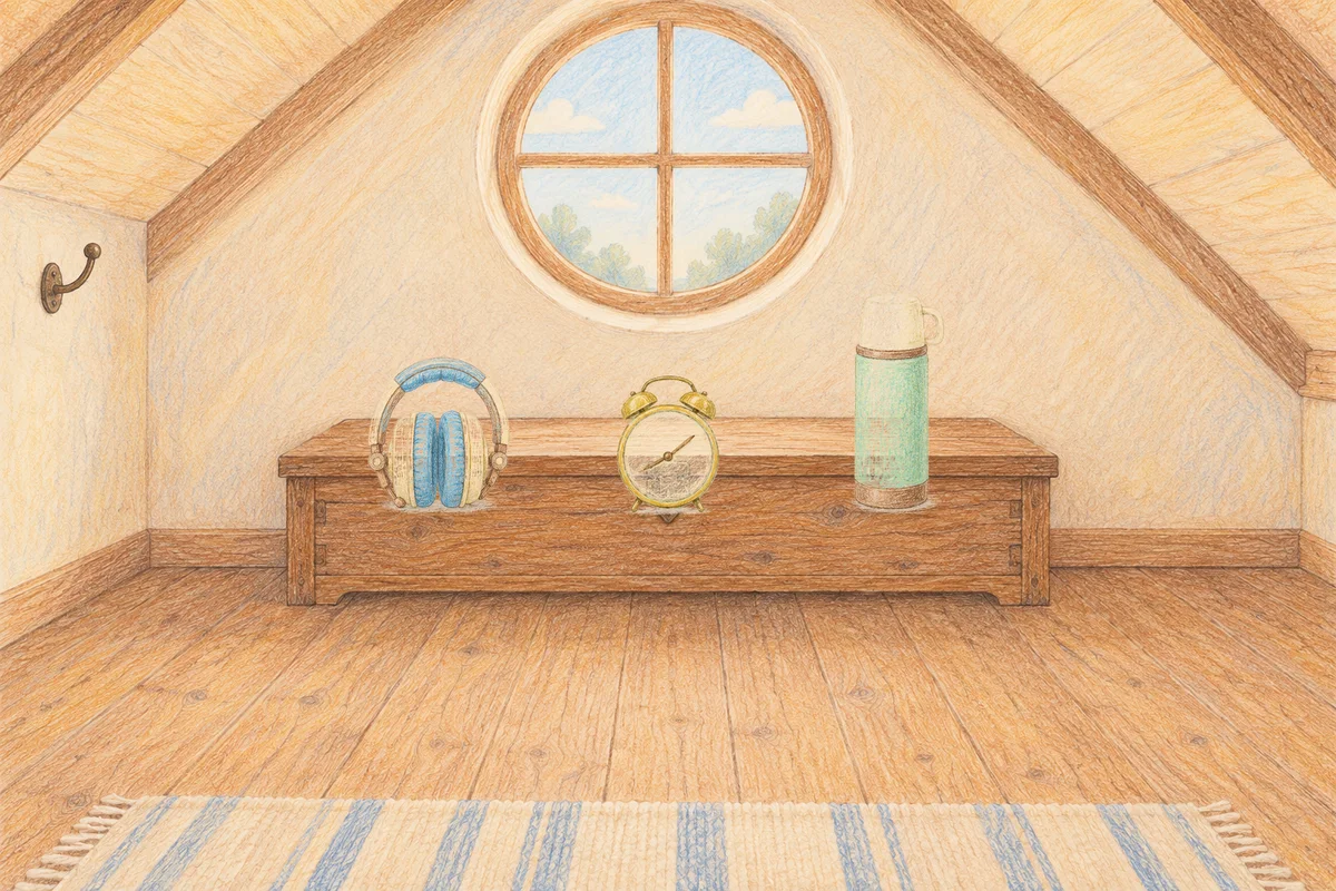 야탑 여성전용 프라이빗 케어 안내 그림, 낮의 다락방 나무 궤짝 위에 놓인 헤드폰, 둥근 알람시계, 보온병