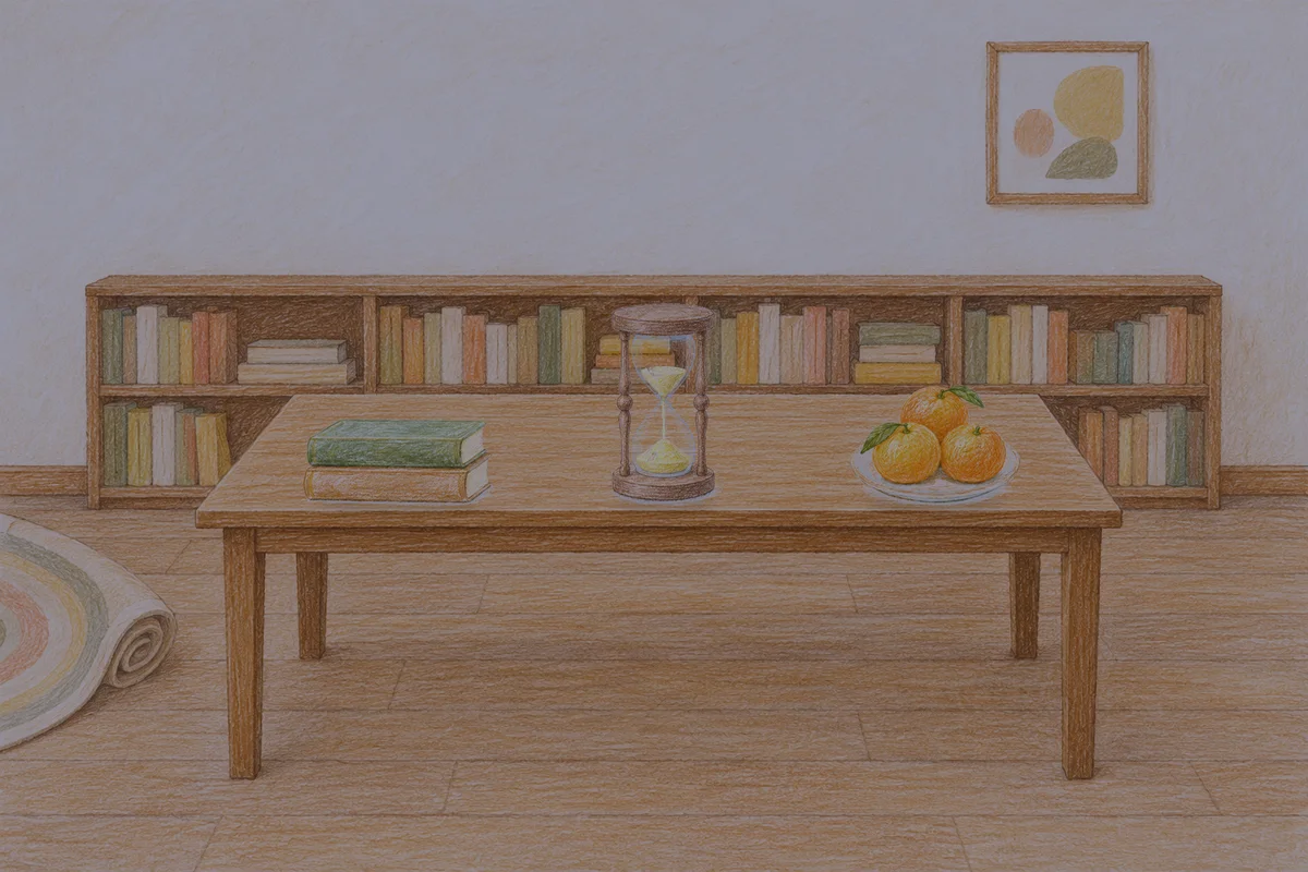 야탑 여성전용 홈케어 후기 안내 그림, 밤의 서재 긴 책상 위에 놓인 책 두 권, 모래시계, 귤이 담긴 접시