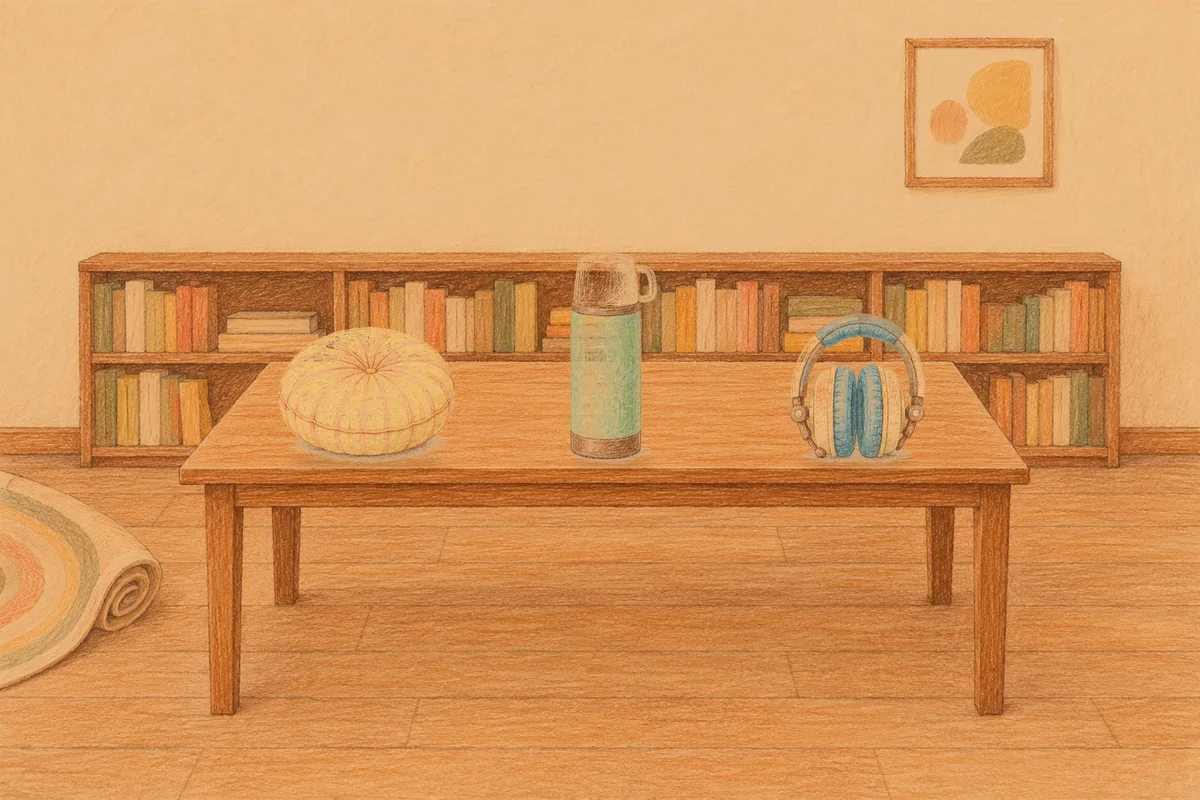 야탑 여성전용 홈케어 추천 안내 그림, 저녁의 서재 긴 책상 위에 놓인 둥근 쿠션, 보온병, 헤드폰