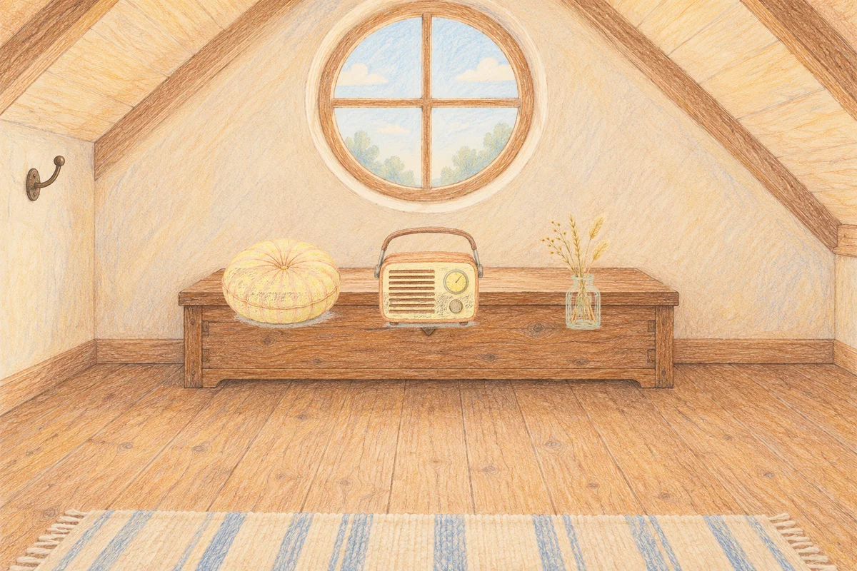 야탑 여성전용 발관리 안내 그림, 낮의 다락방 나무 궤짝 위에 놓인 둥근 쿠션, 작은 라디오, 마른 풀을 꽂은 항아리
