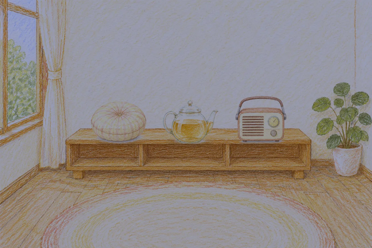 야탑 여성전용 발 케어 안내 그림, 밤의 창가 낮은 선반 위에 놓인 둥근 쿠션, 유리 티포트, 작은 라디오