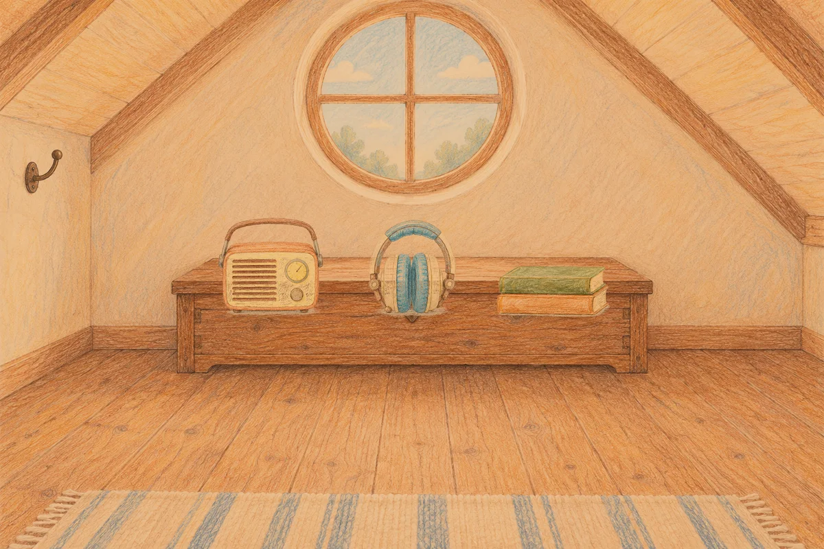 야탑 여성전용 발 부종 케어 안내 그림, 저녁의 다락방 나무 궤짝 위에 놓인 작은 라디오, 헤드폰, 책 두 권