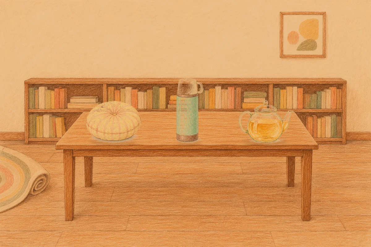 야탑 여성전용 발관리 후기 안내 그림, 저녁의 서재 긴 책상 위에 놓인 둥근 쿠션, 보온병, 유리 티포트