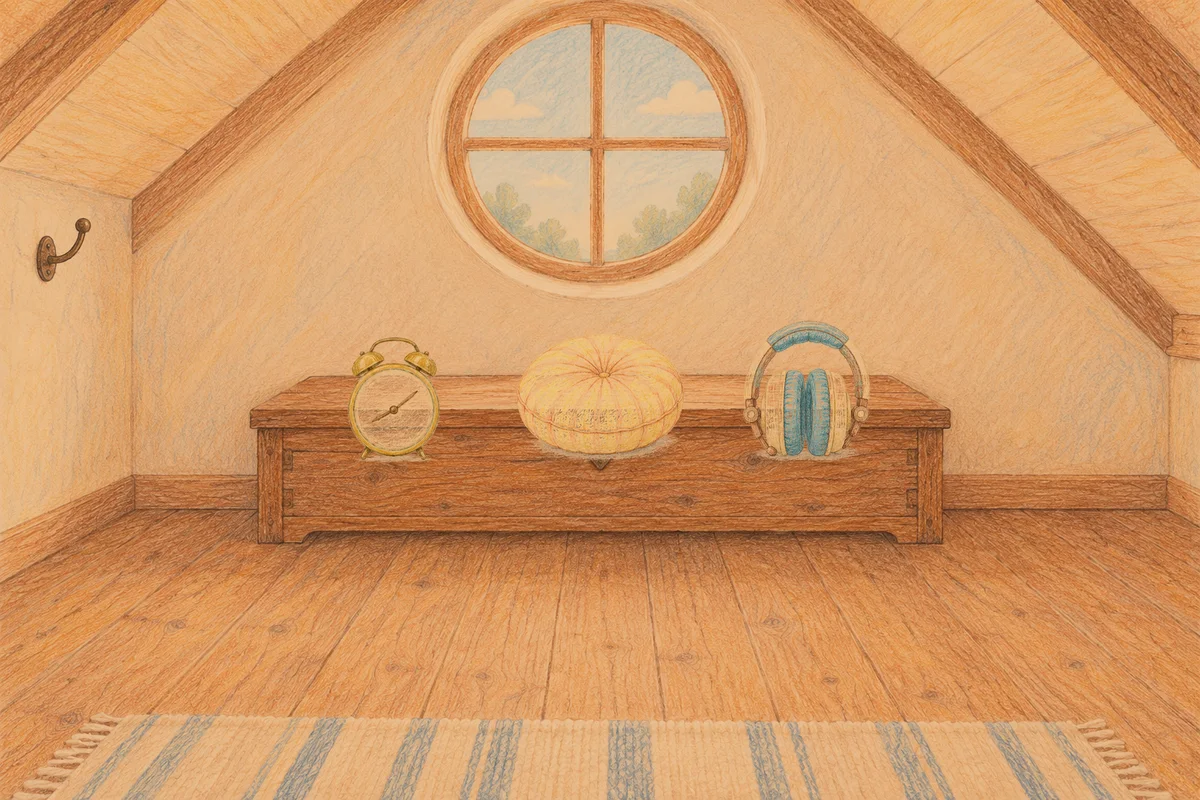 야탑 여성전용 셀룰라이트 관리 안내 그림, 저녁의 다락방 나무 궤짝 위에 놓인 둥근 알람시계, 둥근 쿠션, 헤드폰
