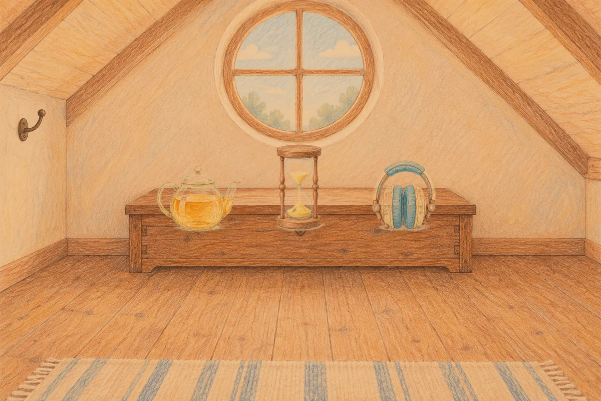 야탑 여성전용 바디 케어 안내 그림, 저녁의 다락방 나무 궤짝 위에 놓인 유리 티포트, 모래시계, 헤드폰