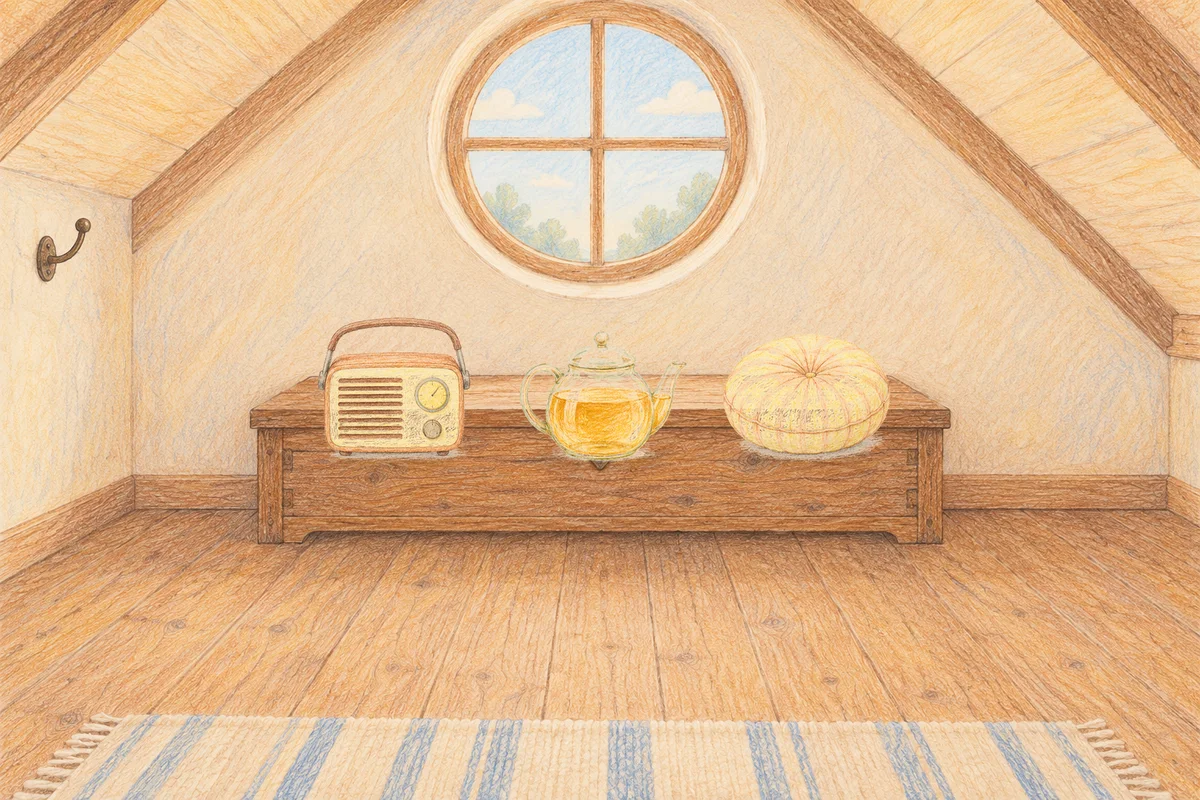 야탑 여성전용 슬리밍 마사지 안내 그림, 낮의 다락방 나무 궤짝 위에 놓인 작은 라디오, 유리 티포트, 둥근 쿠션
