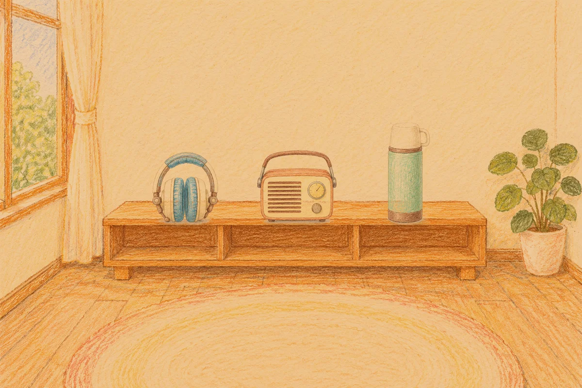 야탑 여성전용 림프 페이셜 안내 그림, 저녁의 창가 낮은 선반 위에 놓인 헤드폰, 작은 라디오, 보온병