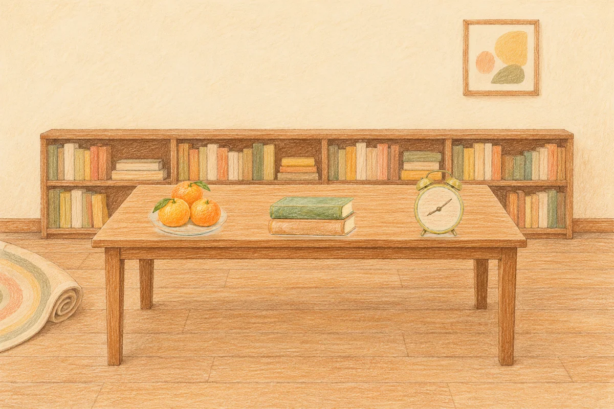 야탑 여성전용 피부 관리 안내 그림, 낮의 서재 긴 책상 위에 놓인 귤이 담긴 접시, 책 두 권, 둥근 알람시계