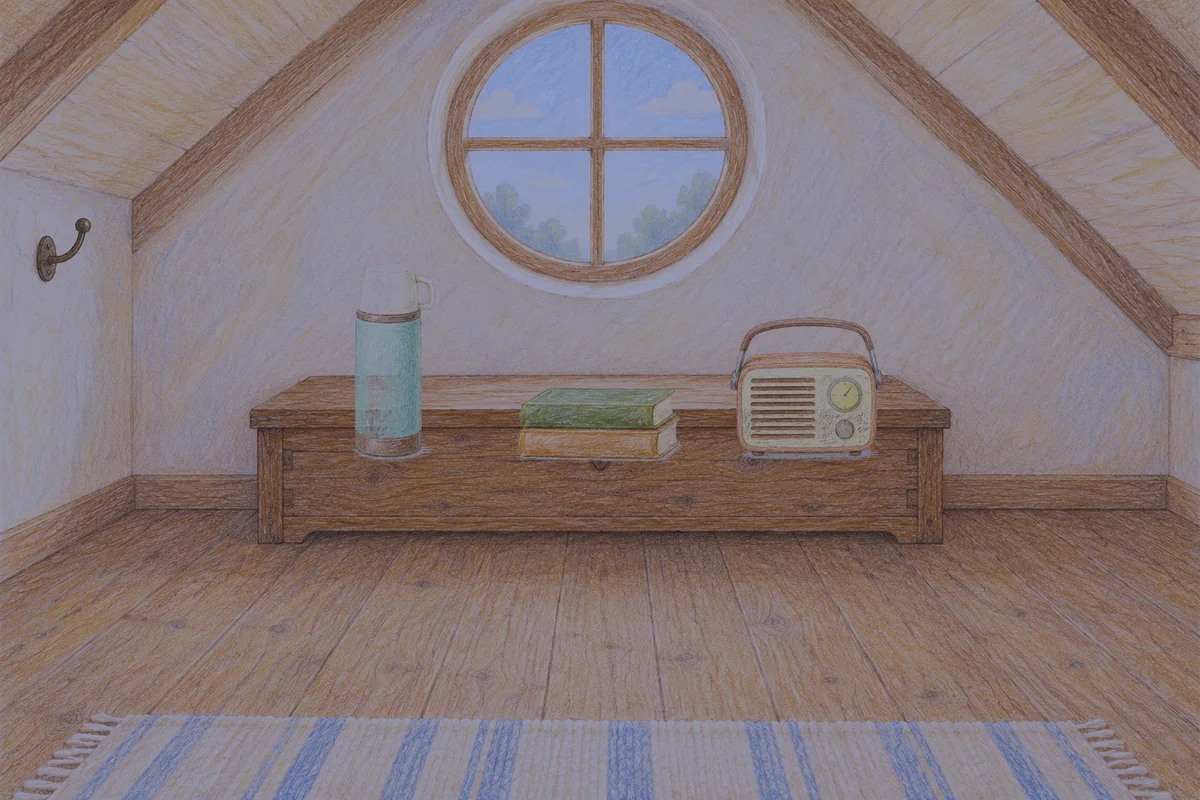 야탑 여성전용 예약 마사지 안내 그림, 밤의 다락방 나무 궤짝 위에 놓인 보온병, 책 두 권, 작은 라디오
