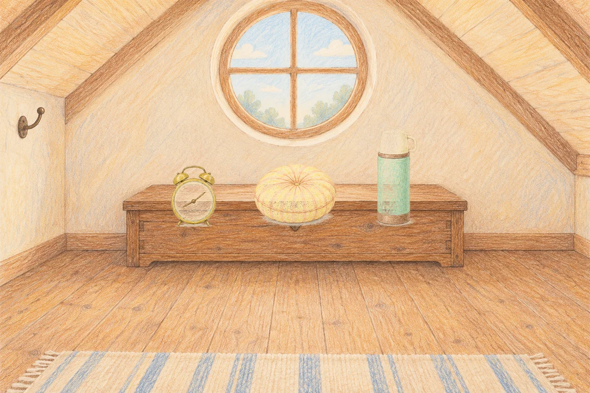 야탑 여성전용 가격 마사지 안내 그림, 낮의 다락방 나무 궤짝 위에 놓인 둥근 알람시계, 둥근 쿠션, 보온병