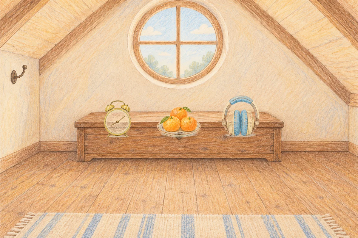 야탑 여성전용 출장 마사지 안내 그림, 낮의 다락방 나무 궤짝 위에 놓인 둥근 알람시계, 귤이 담긴 접시, 헤드폰