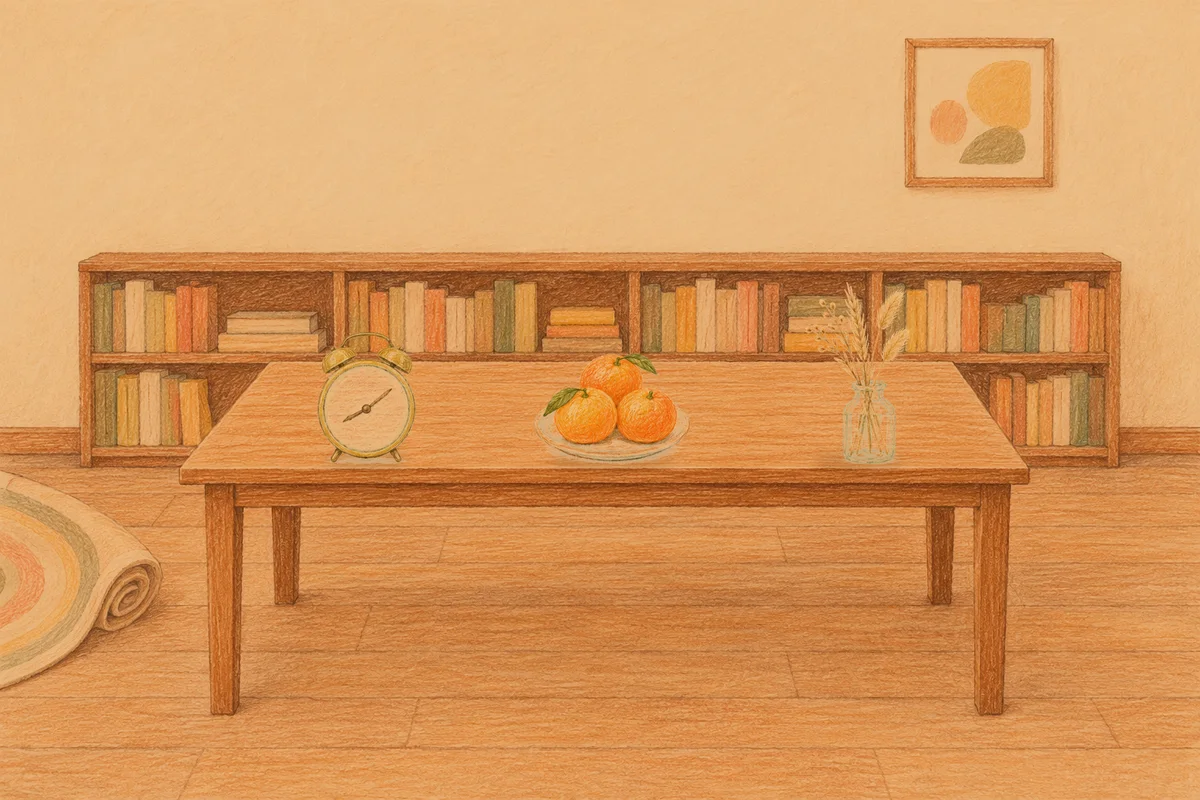야탑 여성전용 출장 마사지 후기 안내 그림, 저녁의 서재 긴 책상 위에 놓인 둥근 알람시계, 귤이 담긴 접시, 마른 풀을 꽂은 항아리