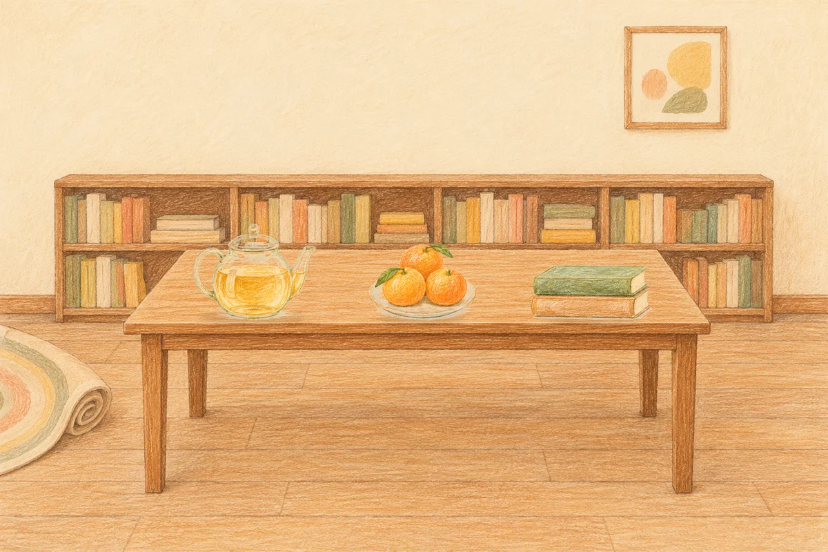 가평 여성전용 프리미엄 스웨디시 안내 그림, 낮의 서재 긴 책상 위에 놓인 유리 티포트, 귤이 담긴 접시, 책 두 권