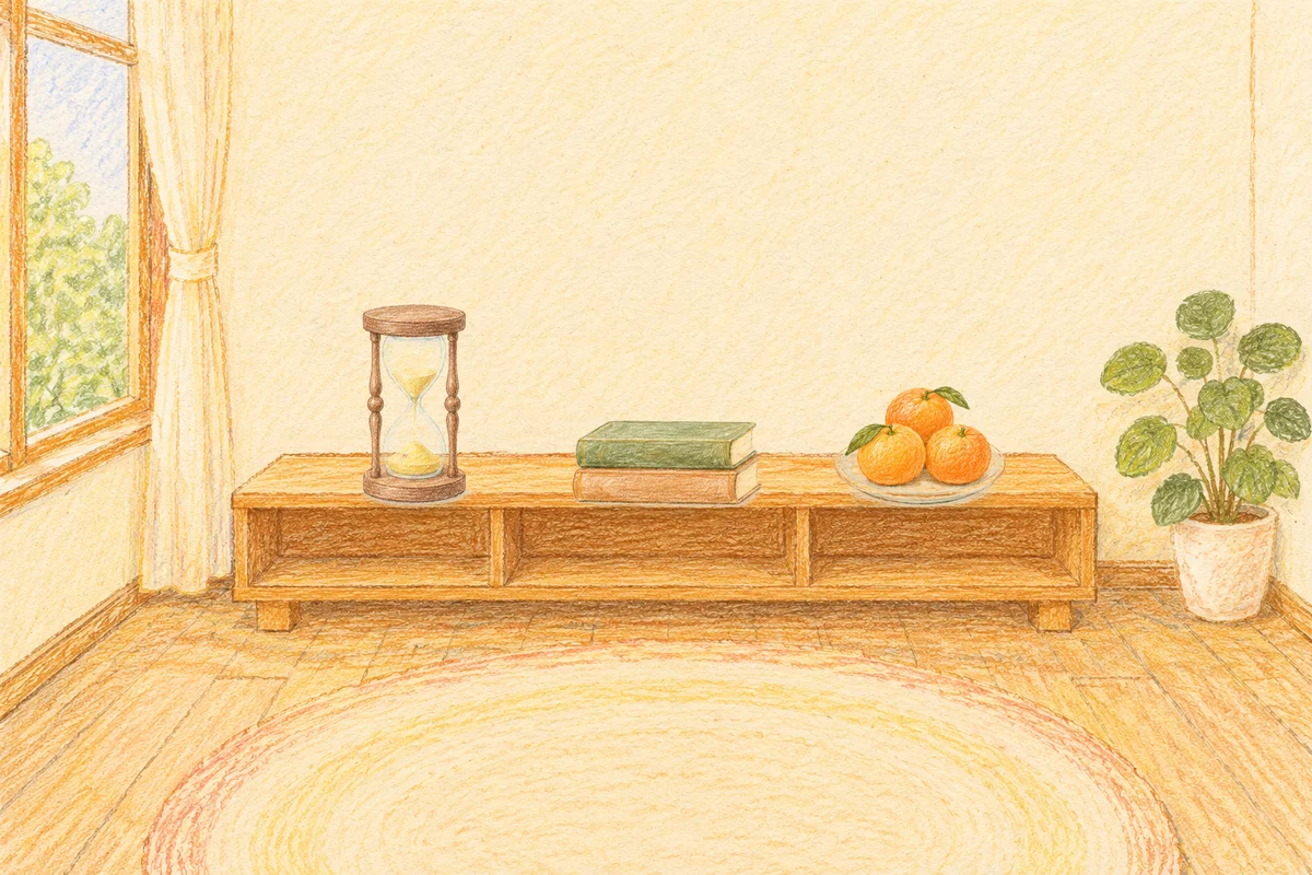 가평 여성전용 아로마 추천 안내 그림, 낮의 창가 낮은 선반 위에 놓인 모래시계, 책 두 권, 귤이 담긴 접시
